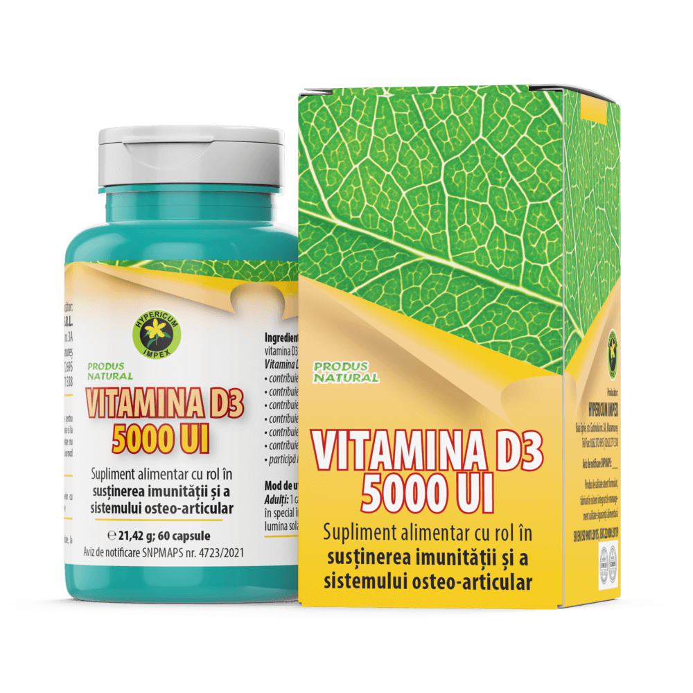 Capsule Vitamina D3 5000 UI Supliment alimentar cu rol în susținerea imunității și a sistemului osteo-articular de la Hypericum Impex