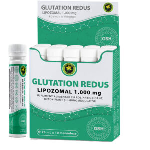 Glutation Redus Lipozomal 1.000 mg este un produs concentrat, cu o biodisponibilitate superioară, atent formulat pentru a combate efectele negative atât de diverse și periculoase ale radicalilor liberi generați în timpul proceselor metabolice normale sau ca urmare a expunerii la diverși factori de mediu (de ex., poluare, raze UV, stres fizic și emoțional, alimentație și stil de viață dezordonate). Împreună, toți acești factori de stres endogeni și exogeni pot duce, treptat, la crearea unui dezechilibru între radicalii liberi și antioxidanții din organism, dând naștere unei stări denumite „stres oxidativ”. Pe lângă acțiunea principală de neutralizare a radicalilor liberi, glutationul susține eficient procesele de detoxifiere ale organismului, ajutând la eliminarea toxinelor celulare și a metalelor grele. Nu în ultimul rând, acesta este un bun imunomodulator, contribuind la biosinteza prostaglandinelor și a leucotrienelor, mediatori lipidici de bază ai organismului, cu rol în modularea proceselor inflamatorii.