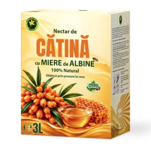 Nectar natural cu minimum 50% fructe de Cătină-albă și Miere de albine. O combinație nutritivă, cu gust dulce-acrișor și revigorant.